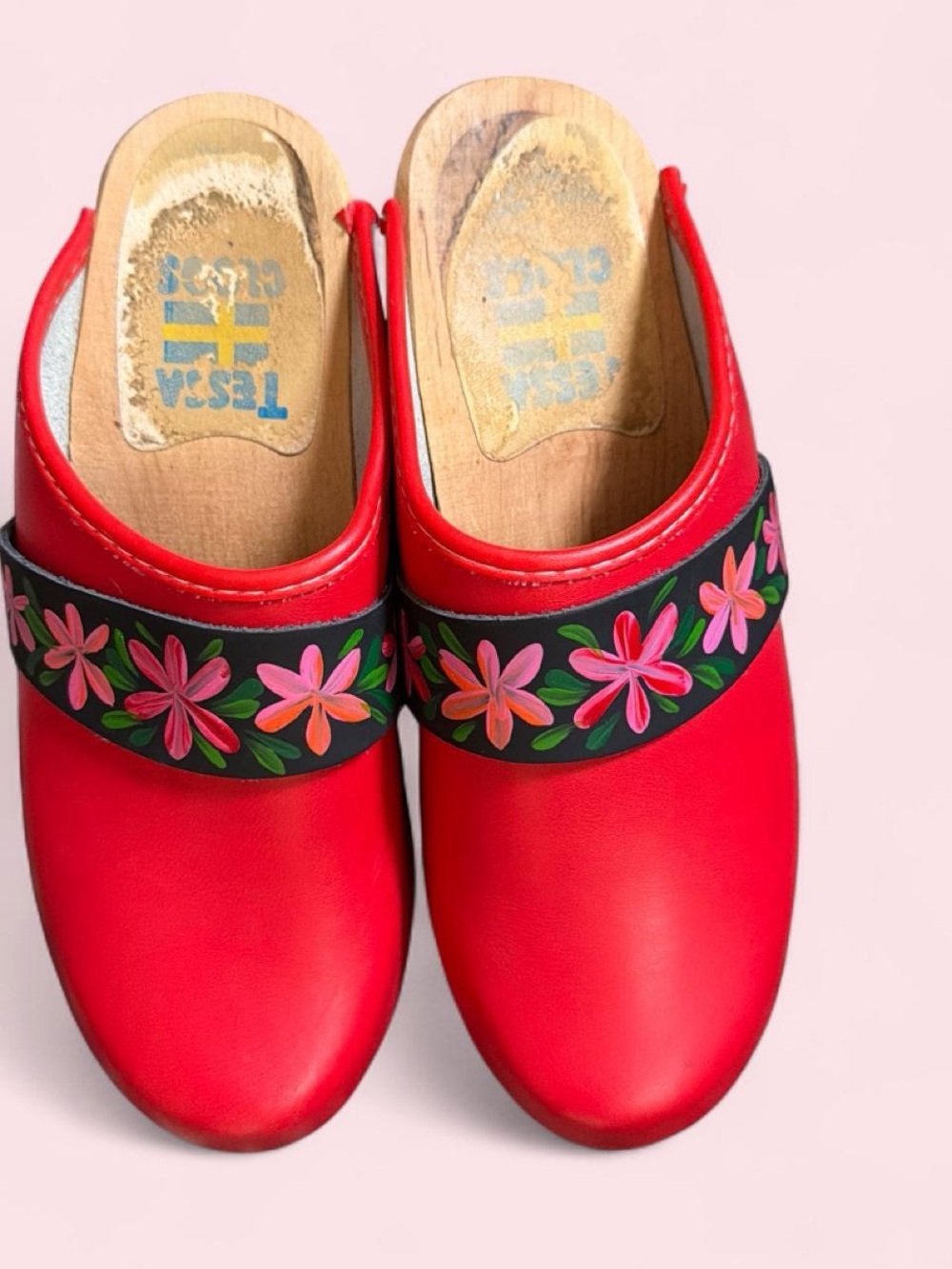 Tessa Hand painted Swedish   Clogs Women's Red Floral Leather Clogs